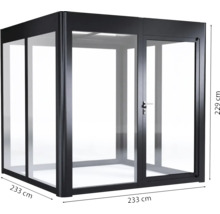 Quadratischer Pavillon aus Metall und Glas mit einer Höhe von 229 cm und einer Seitenlänge von 233 cm.