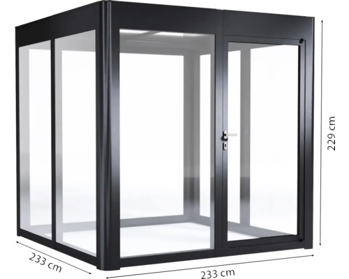 Pavillon carré en métal et verre d''une hauteur de 229 cm et d''une longueur de côté de 233 cm.