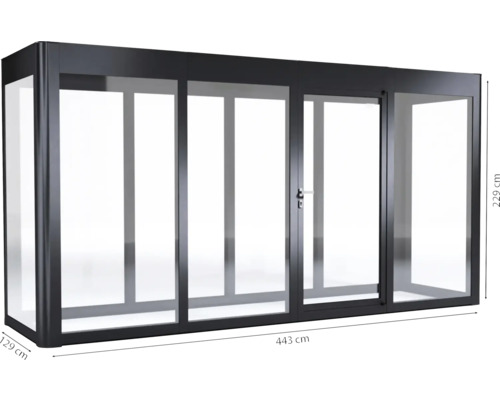 Élément en verre d''une hauteur de 229 centimètres, d''une largeur de 443 centimètres et d''une profondeur de 129 centimètres