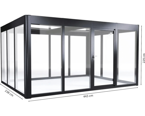 Serre autoportante avec porte et dimensions de 443 x 338 x 229 cm