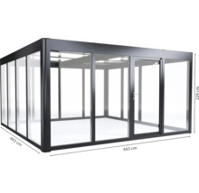 Terrassenüberdachung aus Aluminium und Glas mit den Maßen 443 mal 443 mal 229 Zentimeter