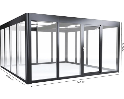 Toit de terrasse en aluminium et verre, dimensions 443 x 443 x 229 centimètres