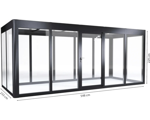 Construction en verre d''une hauteur de 229 cm, d''une largeur de 548 cm et d''une profondeur de 233 cm