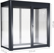 Serre avec des dimensions de 229 cm de hauteur, 129 cm de largeur et 233 cm de longueur