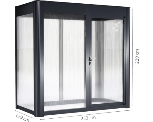 Serre avec des dimensions de 229 cm de hauteur, 129 cm de largeur et 233 cm de longueur