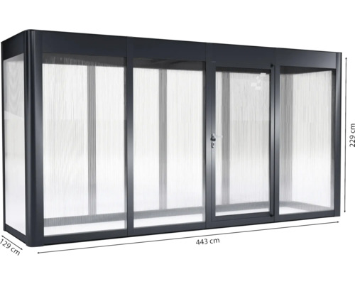 L''image montre une remise à outils en métal et en plastique mesurant 443 x 129 x 229 centimètres.