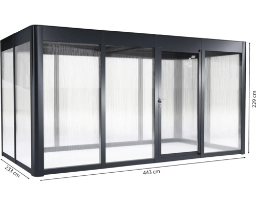 Gartenpavillon mit Tür und transparenten Wänden, 443 mal 233 mal 229 Zentimeter