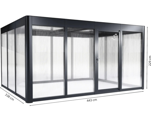 Image d''un abri de jardin mesurant 338 sur 443 sur 229 centimètres.