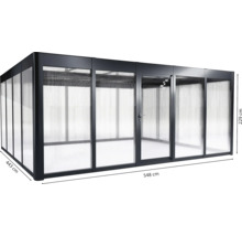 Abgebildet ist ein rechteckiger Pavillon mit Polycarbonatplatten und den Maßen 548 mal 443 mal 229 Zentimeter.
