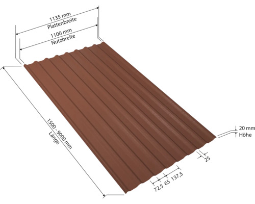 Tôle trapézoïdale avec indications de dimensions pour la longueur, la largeur et la hauteur.