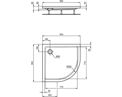 Schéma technique d''un receveur de douche avec indications de dimensions