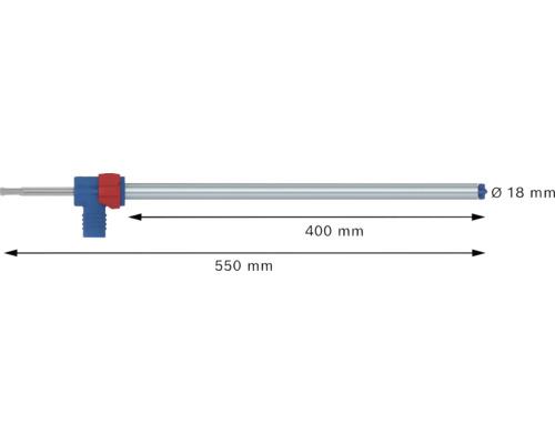 Siphon mit einem Durchmesser von 18 Millimetern, einer Länge von 400 Millimetern und einer Gesamtbreite von 550 Millimetern