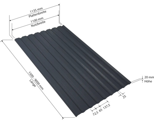 Tôle profilée avec dimensions de la largeur de la plaque, de la largeur utile, de la longueur et de la hauteur