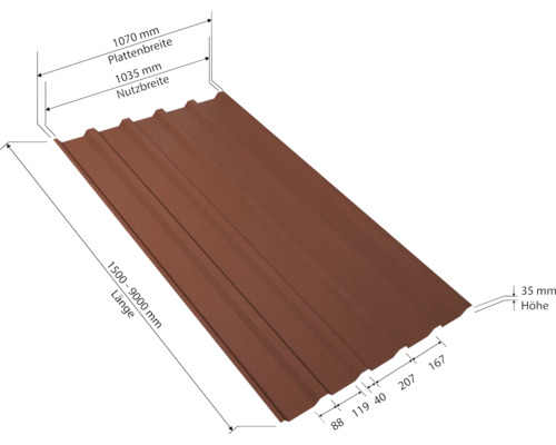 Tôle trapézoïdale avec dimensions de longueur, largeur et hauteur