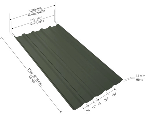 Tôle de toiture avec indications dimensionnelles de la largeur de la tôle, de la largeur utile, de la longueur et de la hauteur