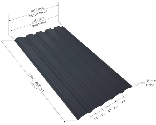Dachplatte mit Maßangaben zu Länge, Plattenbreite, Nutzbreite und Höhe