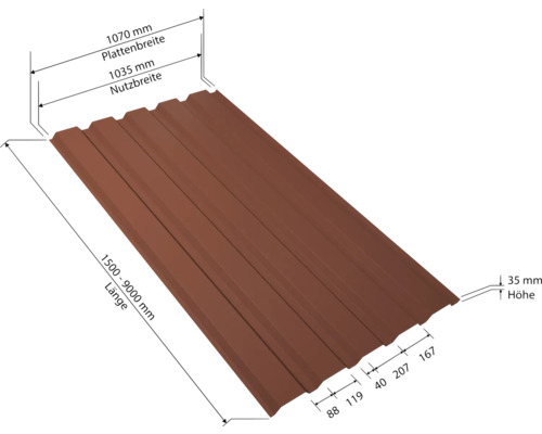 Tôle profilée avec dimensions de la largeur de plaque, de la largeur utile, de la longueur et de la hauteur.