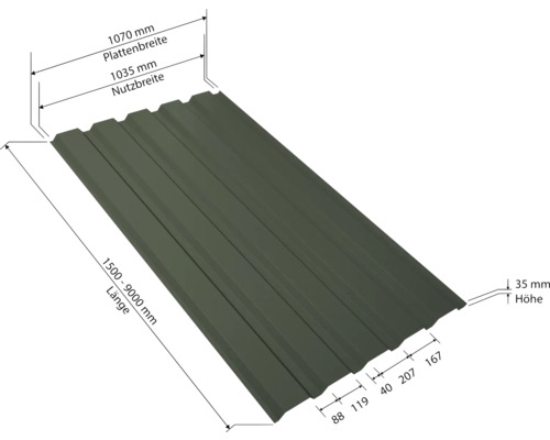 Tôle profilée avec dimensions de largeur, hauteur et longueur
