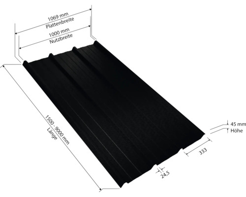 Schéma technique d''une plaque de toit avec indication des dimensions de la longueur, de la largeur et de la hauteur