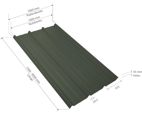 Tôle trapézoïdale avec dimensions de la largeur de la plaque, la largeur utile, la longueur et la hauteur.