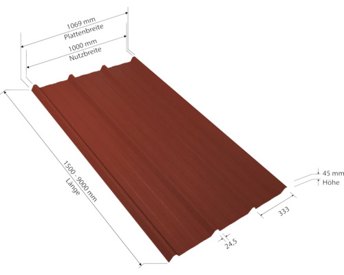 Tôle trapézoïdale d''une largeur de 1069 mm et d''une longueur comprise entre 1500 et 9000 mm.