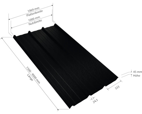 Vue détaillée d''une plaque de tôle trapézoïdale avec indication des dimensions de longueur, largeur et hauteur