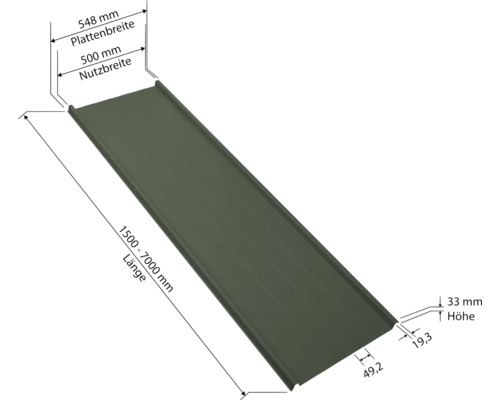Tôle de toiture avec indications de dimensions pour la longueur, la largeur et la hauteur