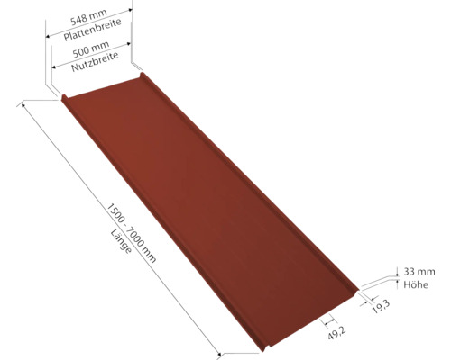 Dessin technique d''une plaque de toit avec indication des dimensions de la largeur, de la longueur et de la hauteur.