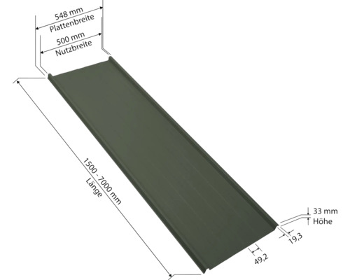 Dessin technique d''une plaque de toit avec indications de largeur, de longueur et de hauteur.