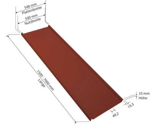 Image d''une plaque de toit avec des indications de dimensions pour la longueur, la largeur de la plaque, la largeur utile et la hauteur