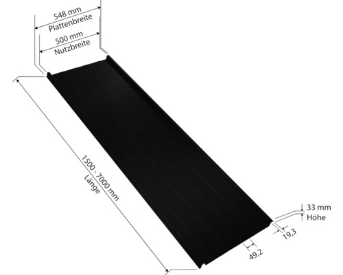 Image d''une plaque de toit avec indication des dimensions de la longueur, de la largeur de la plaque, de la largeur utile et de la hauteur.