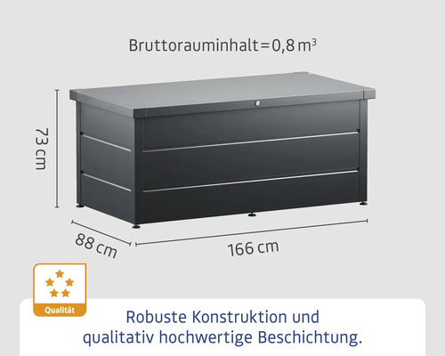 Gartenbox mit einem Bruttorauminhalt von 0,8 Kubikmetern und den Maßen 166 x 88 x 73 Zentimeter