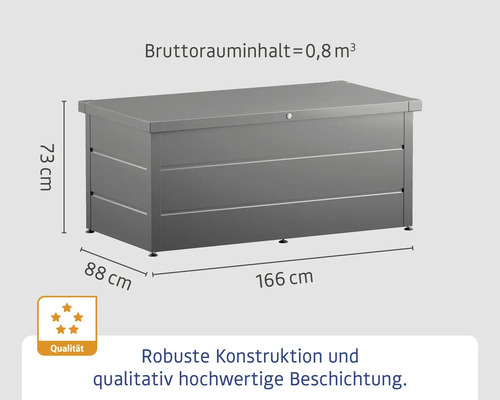 Graue Gartenbox mit den Maßen 166 x 88 x 73 cm und einem Bruttorauminhalt von 0,8 Kubikmeter.