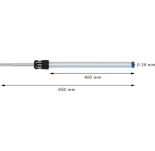 Représentation schématique d''une tige de brosse avec les dimensions suivantes : longueur 650 mm, longueur de travail 400 mm et diamètre 28 mm.