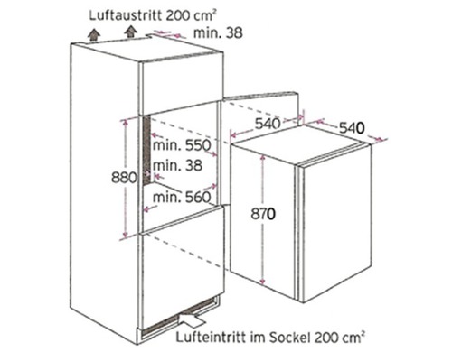 Einbauschrank-Abmessungen mit Luftaustritt und Lufteintritt im Sockel