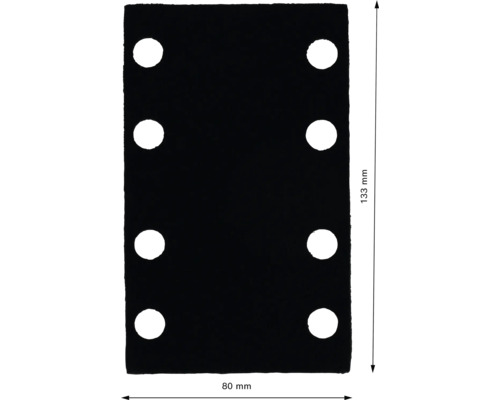 Schleifpapierblatt mit acht Löchern und den Maßen 80 mm mal 133 mm.