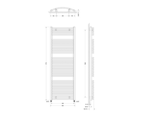 Technische Zeichnung eines Handtuchwärmers mit Maßangaben