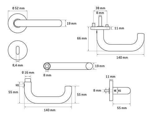 Dessin technique d''une poignée de porte avec indications de mesure