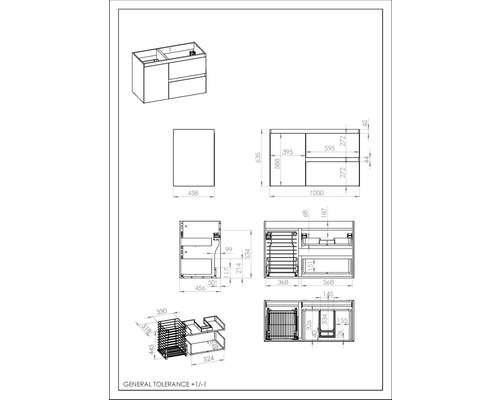 Technische Zeichnung eines Waschtischunterschranks mit Abmessungen
