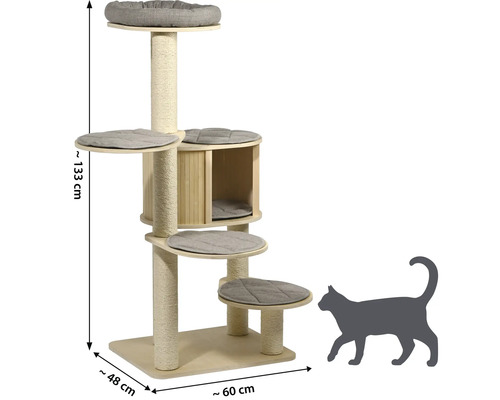 Arbre à chat avec surfaces de couchage, griffoirs et maison pour chat, environ 133 cm de haut
