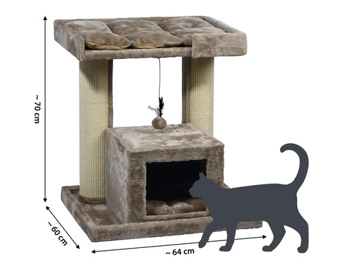 Arbre à chat avec jouet, surfaces de couchage et grotte, environ 70 x 64 x 60 centimètres