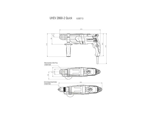 Schéma technique d''une perceuse Metabo UHEV 2860-2 Quick avec indications de dimensions