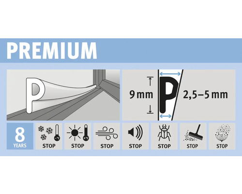 Abbildung der Eigenschaften eines Dichtungsbandes mit P-Profil und einer Lebensdauer von 8 Jahren. Das Band stoppt Kälte, Hitze, Wind, Lärm, Insekten, Staub und Pollen.