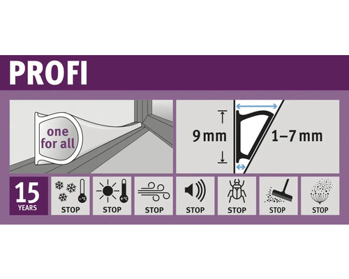 Profilé d'étanchéité Profi avec informations sur le produit et symboles