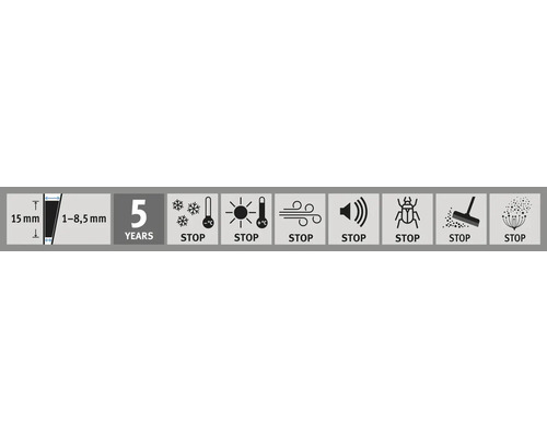 Produktmerkmale: 15 Millimeter, 1 bis 8,5 Millimeter, fünf Jahre Garantie, stoppt Kälte, Hitze, Wind, Lärm, Ungeziefer und Staub