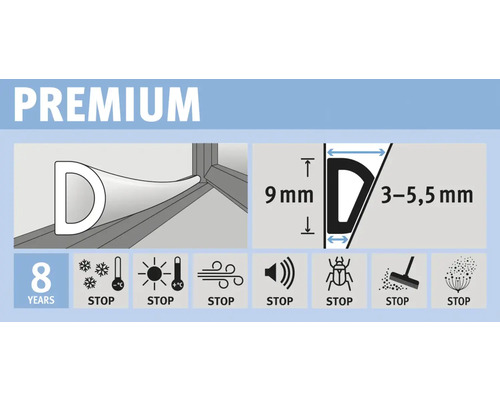 Abbildung eines Dichtungsprofils in D-Form mit den Massen 9 mm und 3 bis 5,5 mm. Das Dichtungsprofil schützt vor Kälte, Hitze, Wind, Lärm, Insekten und Staub und hat eine Lebensdauer von 8 Jahren.