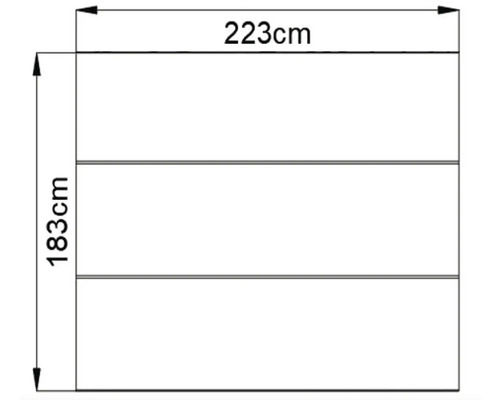 Dessin technique avec dimensions : 223 cm de large et 183 cm de haut.