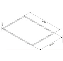 Abbildung eines rechteckigen Holzrahmens mit den Maßen 230 cm mal 191 cm und einer Rahmenstärke von 4 cm.