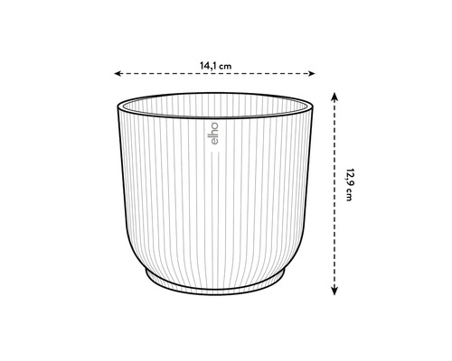 Skizze eines Blumentopfs mit den Maßen 14,1 cm Breite und 12,9 cm Höhe