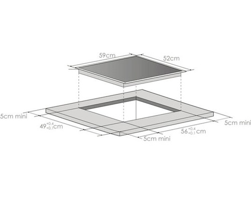 Skizze eines Kochfeldes mit Maßangaben für den Einbau